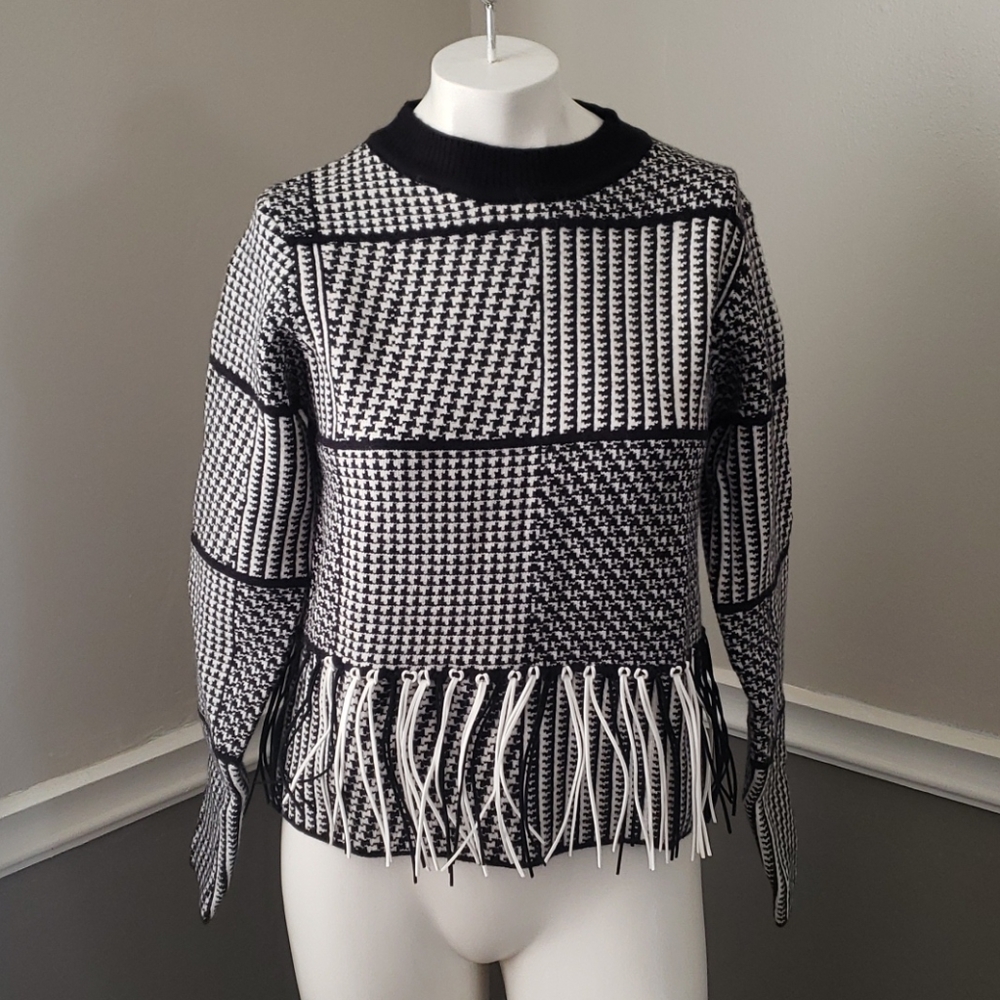 Black White Mock Neck Tassels Chic Sweater
